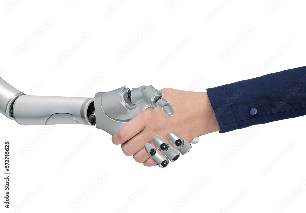 Poster close up of robot and businessman shaking hands on transparent background, 3d render and png file, c