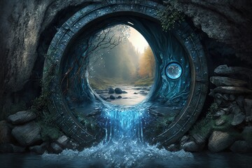 Water magic portal, portal to water fantasy world, digital illustration, Generative AI	