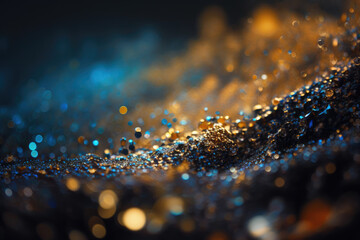 blue gold glitter lights grunge background, glitter defocused abstract Twinkly Lights Stars Christmas light.Generative AI.