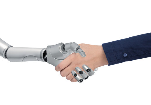 Close up Of Robot and Businessman Shaking Hands on transparent background, 3d render and png file, Concept of using modern Artificial Intelligence Technology in Business administration
