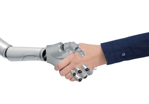 Close up Of Robot and Businessman Shaking Hands on transparent background, 3d render and png file, Concept of using modern Artificial Intelligence Technology in Business administration