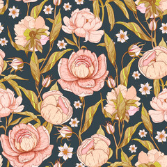 Digital hand-drawn floral seamless pattern. Peony garden - 572718855
