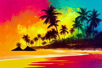 Fototapeta na wymiar colors of vacation, beach with palm trees, island as a beach vacation, fictional place, Generative AI