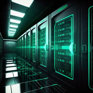 Server room. Supercomputer data center, image generated by artificial intelligence.
