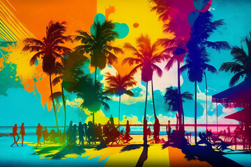 colors of vacation, beach with palm trees, island as a beach vacation, fictional place, Generative AI