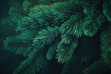 Fir tree brunch close up. Shallow focus. Fluffy fir tree brunch close up. Christmas background Generative AI