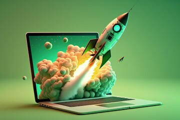 Rocket and open laptop on green background, startup concept, Digital illustration, Generative AI
