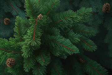 Fir tree brunch close up. Shallow focus. Fluffy fir tree brunch close up. Christmas background Generative AI