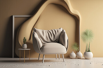 Modern armchair in sand color against the wall, minimalist design, ai generative.