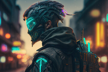 Fototapeta na wymiar soldier in cyberpunk style with neon color on the back city, Generative Ai