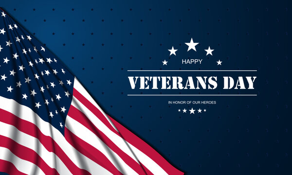 Veterans Day background design with american flag waving and in honor of our heroes text vector illustration. 