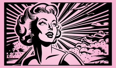 Beautiful and trendy black and white linocut pop art or colouring page of a women