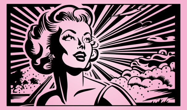Beautiful and trendy black and white linocut pop art or colouring page of a women