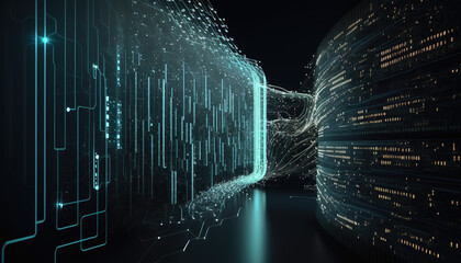 Future, 3D rendering of a scientific technology data binary code network conveying connectivity, complexity and data flood of modern digital age. Artificial intelligence. generate IA