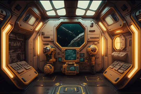 Sci-fi spaceship interior, digital illustration, Generative AI
