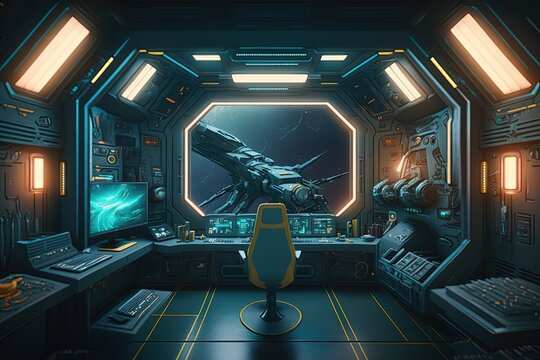 Sci-fi spaceship cabin, digital illustration, Generative AI