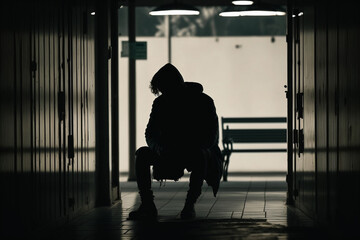 silhouette of preteen boy in negative mood, fictional place and person, Generative AI