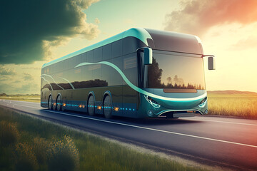truck bus electric car of the future rides on the road. the transport of the future. Ai generative