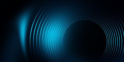 Blue neon circles, abstract circular lines. Glowing circle abstract pattern background