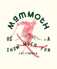 Skier jumping in the air with skis crossed. Mammoth mountain vintage typography silkscreen t-shirt print vector illustration.