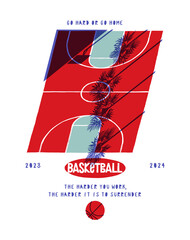 Isometric basketball court with palm-tree shade. Basketball typography silkscreen t-shirt print vector illustration.