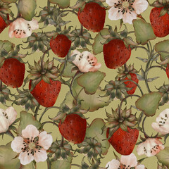 Digital floral seamless pattern. Strawberry pattern - 572720832