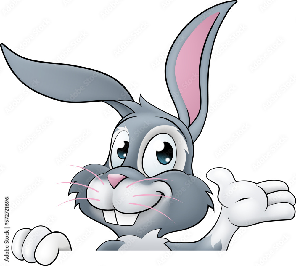 Sticker an easter bunny rabbit cartoon character peeking around a sign