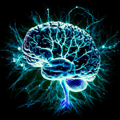 brain with sparkling neuronal activity, generative ai.