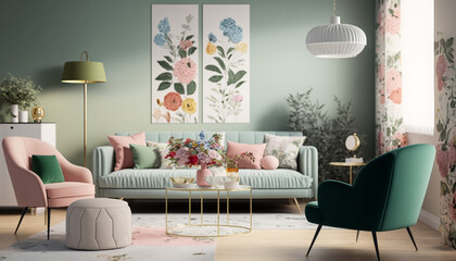 Pastel-colored Modern Living Room with Spring Floral Designs Throughout for the Spring Season