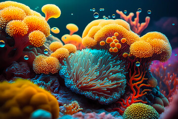 illustration of a colorful coral reef in the sea, created with generative ai