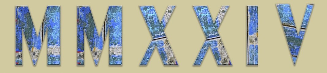  the year 2024 in roman numerals cut out from old blue painted wooden planks