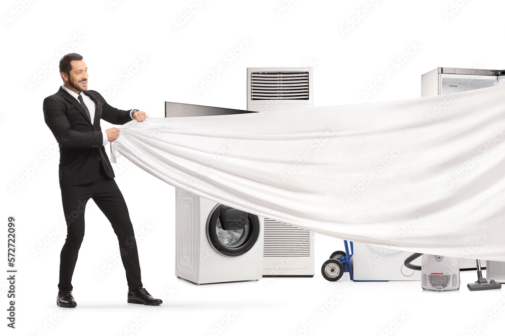 Sticker Businessman holding a white piece of cloth in front of electrical appliances