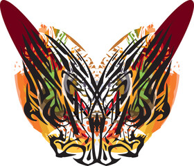 Colorful scary butterfly wings on white. Butterfly symbol formed by tiger heads with unusual pattern for prints on T-shirts, fashion trends, fabric products or textiles, posters or sport emblems, etc.