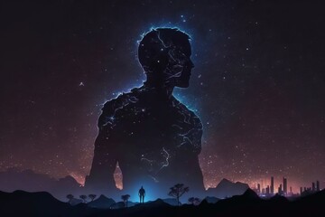 Silent and Calm: Human Form Standing Tall Against the Night Sky - Generative AI