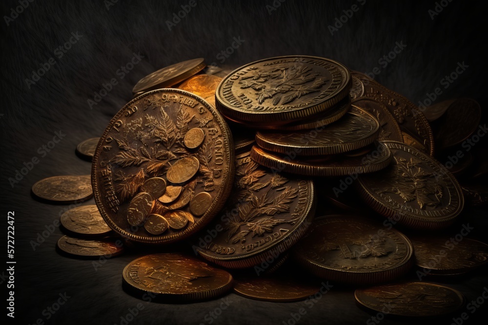 Poster The Golden Touch: Illuminated Coins on a Dark Background - Generative AI