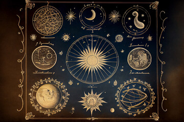 Vintage astronomy background featuring celestial bodies, generative ai