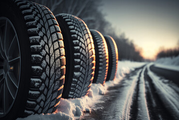 winter tires with winter profile in winter, snow and road, Generative AI - obrazy, fototapety, plakaty