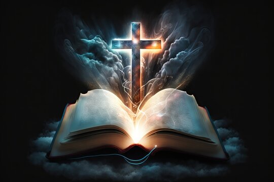 A divine revelation: Glowing cross appears above open book
