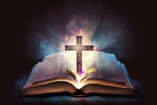 The power of faith: Open book and glowing cross symbolize religion - Generative AI