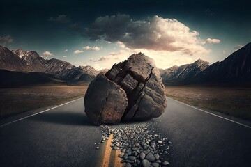 Unexpected rock fall creates dangerous road conditions - Generative AI - obrazy, fototapety, plakaty