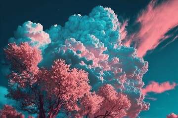 Fototapeta na wymiar A breathtaking view of the blue sky covered in pink clouds - Generative AI