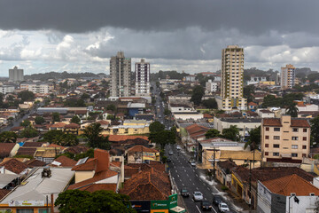 Skyline view of the Marilia city and vehicle traffic on a day of heavy rain in the city