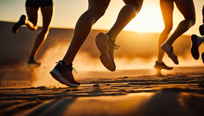 close up legs runner group running on sunrise seaside trail, AI generative