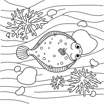 Cute Fish Coloring Page. Kawaii Flounder Character Design. Simple Underwater Scene Colouring Book For Kids Play And Education Activity. Easy Print On Paper.