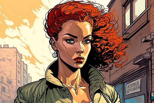 young beautiful confident red hair woman in comic book style illustration, new quality creative femine stock image illustration design, Generative AI