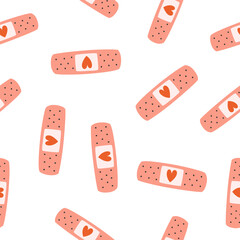 Hand drawn cute seamless pattern of adhesive plaster with heart. Flat vector transfusion and blood donation print design in doodle style. Medicine concept. Repeated background, wrapping or wallpaper.