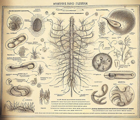 Drawings of microbes in antique book with annotations, generative ai illustration