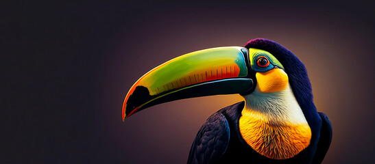 Bright colorful tropical toucan bird. Close-up of a colorful bird. Colored bird with a large beak. Exotic bird on colorful background, bird of paradise. Tropical forest animal. Generative AI