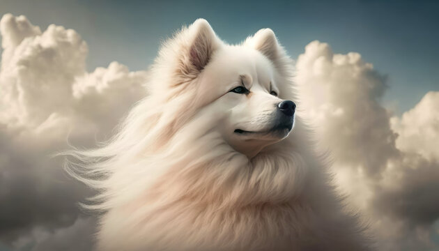 a surreal and dreamlike image of a white dog floating amongst fluffy clouds in a peaceful blue sky