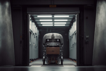 a robot in the warehouse in a garage, mysteriously enigmatic, Generative AI